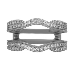 New 14k white gold curved ring guard set with 0.49 carats of lab-grown round brilliant diamonds.