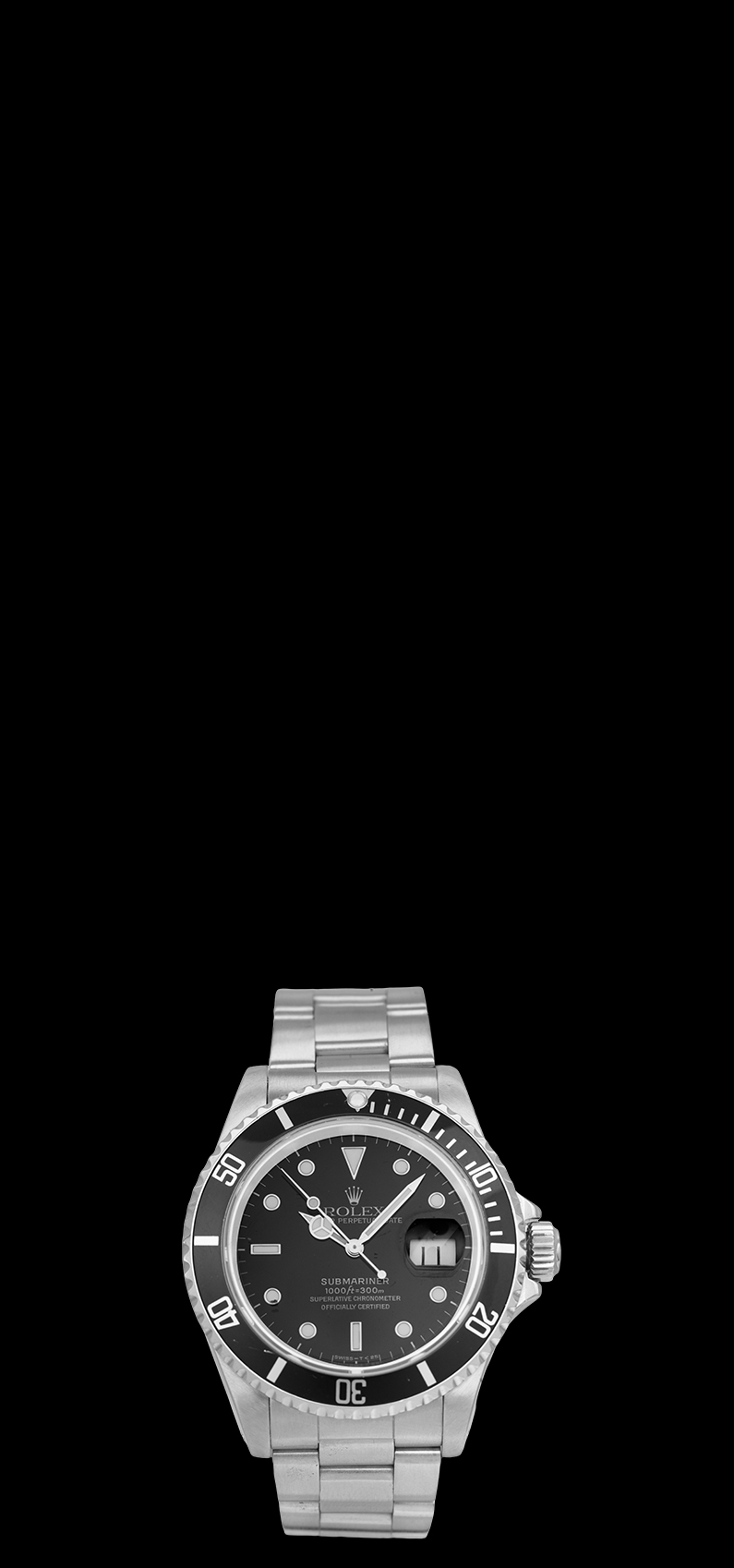 a Rolex black dial, black bezel watch with a stainless steel bracelet. 