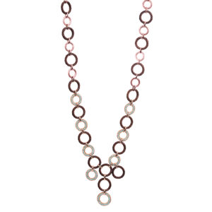 Vintage 18k rose gold and brown PVD steel Charriol Petra Celtique circle link cable necklace set with 1.75 carats of round brilliant earth-mined diamonds with a toggle clasp.