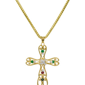 Vintage 18k yellow gold large cross pendant set with 0.75 carats of round brilliant earth-mined diamonds plus round brilliant emeralds, a round brilliant sapphire, and a round brilliant ruby.