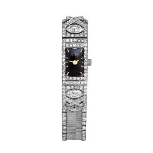 Antique Art-Deco platinum mesh watch, 12mm set with 3.50 carats of single cut and marquise earth-mined diamonds, with a black dial and quartz movement.