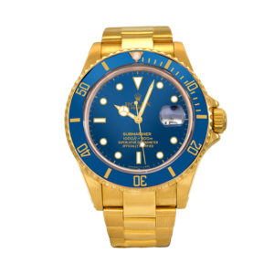 Pre-owned Rolex Submariner watch, 40mm in 18k yellow gold with a blue index dial, blue bezel, sapphire crystal, Oyster bracelet, fliplock folding clasp, and automatic movement.