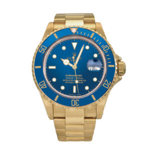 Pre-owned Rolex Submariner watch, 40mm in 18k yellow gold with a blue index dial, blue bezel, sapphire crystal, Oyster bracelet, fliplock folding clasp, and automatic movement.