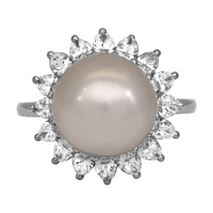 Vintage platinum halo ring set with an white South Sea pearl plus 2.20 carats of pear earth-mined diamonds.