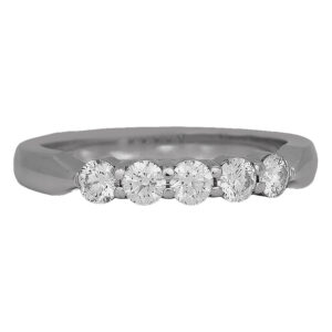 Vintage 18k white gold Hearts On Fire five stone band set with 0.50 carats of round brilliant earth-mined diamonds.