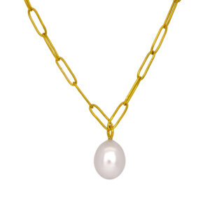 Vintage 22k yellow gold paper clip necklace set with a pearl.