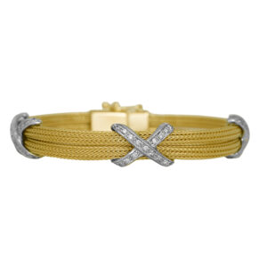 Vintage 14k yellow gold X woven bracelet set with 0.54 carats of round brilliant earth-mined diamonds.