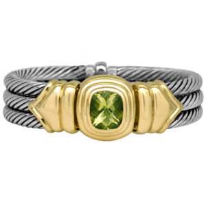 Vintage sterling silver and 14k yellow gold David Yurman Noblesse Triple Cable cuff bracelet set with a cushion peridot.