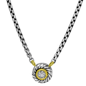 Vintage sterling silver David Yurman Cable Cookie necklace set with 0.05 carats of round brilliant earth-mined diamonds.
