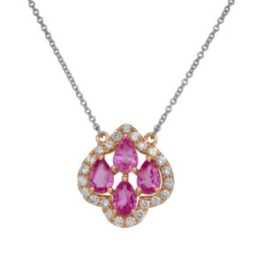 Vintage 14k white and yellow gold halo necklace set with 1.80 carats of pear pink sapphires plus 0.44 carats of round brilliant earth-mined diamonds.