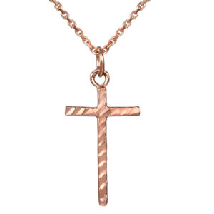 Vintage 14k rose gold textured cross pendant on a 15" cable chain.
