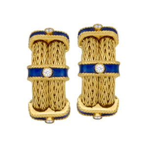 Vintage 18k yellow gold half hoop earrings set with 0.25 carats of round brilliant earth-mined diamonds plus blue enamel.