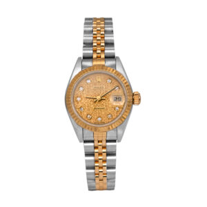 Pre-owned Rolex Datejust watch, 26mm in 18k yellow gold and stainless steel with a champagne Jubilee diamond dial, 18k yellow gold fluted bezel, sapphire crystal, Jubilee bracelet, folding clasp, and automatic movement.