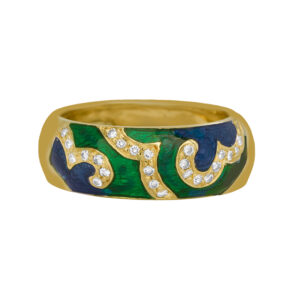 Vintage 18k yellow gold Hidalgo ring set with 0.36 carats of round brilliant earth-mined diamonds plus green and blue enamel.
