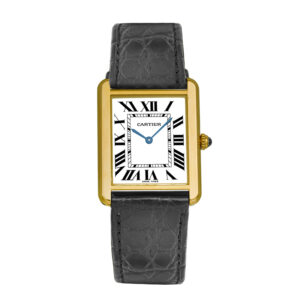 Pre-owned Cartier Tank Solo watch, 27mm in 18k yellow gold and stainless steel with a cream Roman dial, smooth bezel, sapphire crystal, brown leather strap, tang buckle, and quartz movement.