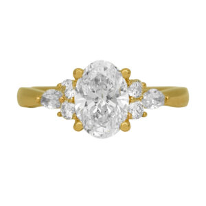 New 14k yellow gold engagement ring set with a 1.50 carat lab-grown oval diamond plus 0.42 carats of lab-grown round brilliant and pear diamonds.