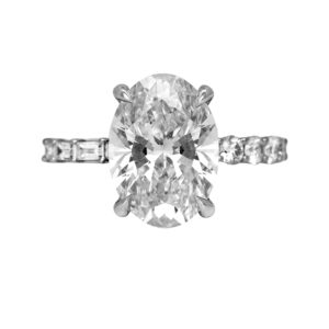 New 14k white gold engagement ring set with a 5.00 carat lab-grown oval diamond plus 0.71 carats of lab-grown round brilliant and baguette diamonds.