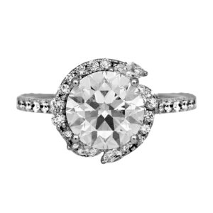 New 14k white gold halo engagement ring set with a 3.00 carat lab-grown round brilliant diamond plus 0.83 carats of lab-grown round brilliant and marquise diamonds.