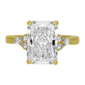 New 14k yellow gold engagement ring set with a 4.51 carat lab-grown radiant diamond plus 0.23 carats of lab-grown round brilliant and marquise diamonds.