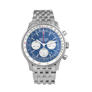 Pre-owned Breitling Navitimer watch, 46mm in stainless steel with a blue dial, notched bezel, sapphire crystal, stainless steel bracelet, folding clasp, and automatic movement.