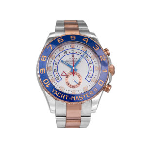 Pre-owned Rolex Yacht-Master II watch, 44mm in 18k rose gold and stainless steel with a white dial, blue ceramic bezel, Oyster bracelet, folding clasp, and automatic movement.