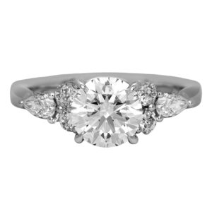 New 14k white gold engagement ring set with a 2.00 carat lab-grown round brilliant diamond plus 0.82 carats of lab-grown round brilliant and pear diamonds.
