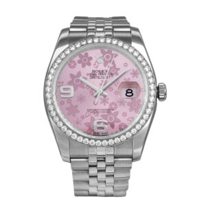 Pre-owned Rolex Datejust watch, 36mm in stainless steel with a pink floral Arabic dial, diamond bezel, sapphire crystal, Oyster bracelet, foldover clasp, and automatic movement, with box & card.