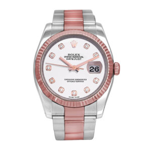 Pre-owned Rolex Datejust watch, 36mm in 18k rose gold and stainless steel with a silver diamond dial, 18k rose gold fluted bezel, sapphire crystal, Oyster bracelet, foldover clasp, and automatic movement.