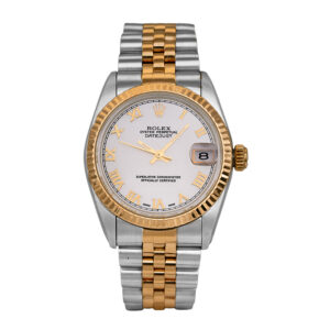 Pre-owned Rolex Datejust watch, 31mm in stainless steel and 18k yellow gold with a mother-of-pearl Roman dial, fluted bezel, sapphire crystal, Jubilee bracelet, folding clasp, and automatic movement.