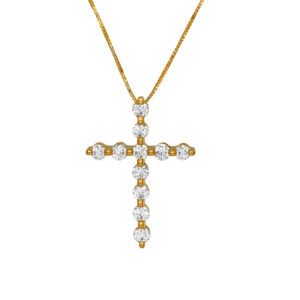 New 14k yellow gold cross pendant set with 1.02 carats of lab-grown round brilliant diamonds on an 18" box chain.