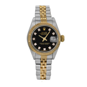 Pre-owned Rolex Datejust watch, 26mm in 18k yellow gold and stainless steel with a black diamond dial, 18k yellow gold fluted bezel, sapphire crystal, Jubilee bracelet, folding clasp, and automatic movement.