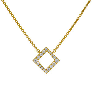New 18k yellow gold charmed square pendant set with 0.29 carats of round brilliant earth-mined diamonds on an 18" cable chain.