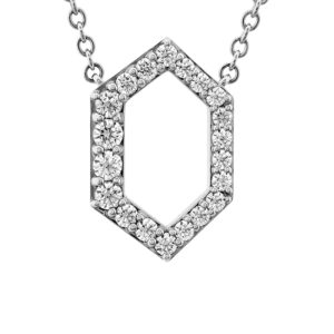 New 18k white gold Hearts On Fire Charmed Hex pendant set with 0.22 carats of round brilliant earth-mined diamonds on an 18" cable chain.