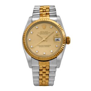 Pre-owned Rolex Datejust watch, 31mm in stainless steel and 18k yellow gold with a champagne diamond dial, fluted bezel, sapphire crystal, Jubilee bracelet, folding clasp, and automatic movement.