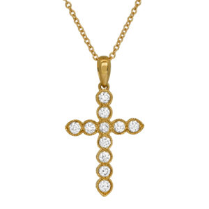 New 14k yellow gold cross pendant set with 0.40 carats of round brilliant earth-mined diamonds.