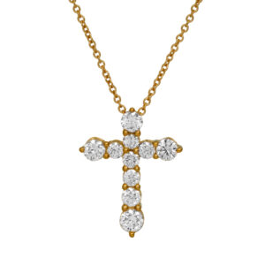 New 14k yellow gold cross pendant set with 0.91 carats of round brilliant earth-mined diamonds.