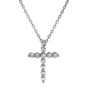 New 14k white gold cross pendant set with 0.18 carats of round brilliant earth-mined diamonds.