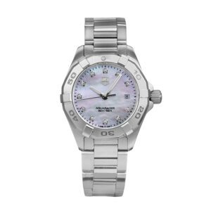 Pre-owned TAG Heuer Aquaracer watch, 27mm in stainless steel with a mother-of-pearl diamond dial, numbered bezel, sapphire crystal, stainless steel bracelet, folding clasp, and quartz movement.