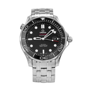 Pre-owned Omega Seamaster watch, 41mm in stainless steel with a black dial, black ceramic bezel, sapphire crystal, stainless steel bracelet, folding clasp, and automatic movement.