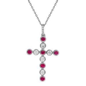 New 14k white gold cross pendant set with 0.37 carats of round brilliant rubies plus 0.35 carats of round brilliant earth-mined diamonds on a 16" cable chain.