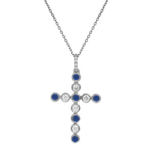 New 14k white gold cross pendant set with 0.39 carats of round brilliant blue sapphires plus 0.35 carats of round brilliant earth-mined diamonds on a 16" cable chain.