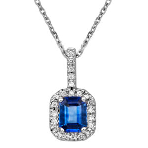 New 14k white gold halo pendant set with a 0.65 carat emerald cut blue sapphire plus 0.07 carats of round brilliant earth-mined diamonds on a 16" cable chain.