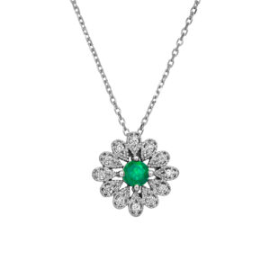 New 14k white gold flower halo necklace set with a 0.30 carat round brilliant emerald plus 0.07 carats of round brilliant earth-mined diamonds on a 16" cable chain.