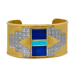 Vintage 14k yellow and white gold James Little Navajo cuff bracelet set with 1.50 carats of lapis, turquoise, and round brilliant earth-mined diamonds.