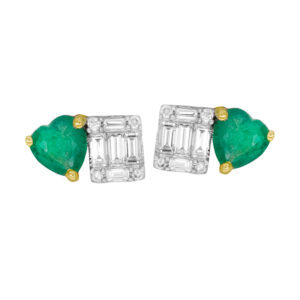 New 14k yellow gold Toi Et Moi earrings set with 0.45 carats of heart emeralds plus 0.24 carats of baguette and round brilliant earth-mined diamonds.