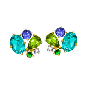 New 14k yellow gold cluster earrings set with 2.18 carats of pear, round brilliant, and oval aquamarines, peridots, tanzanites, and emeralds plus 0.04 carats of round brilliant earth-mined diamonds.