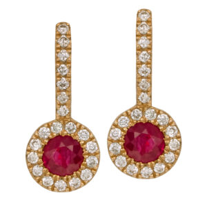 New 14k white gold halo earrings set with 0.41 carats of round brilliant rubies plus 0.16 carats of round brilliant earth-mined diamonds.