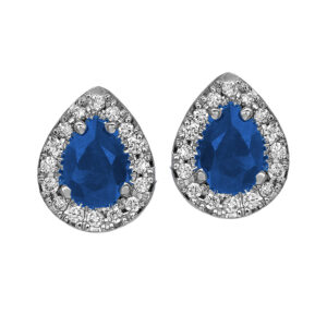 New 14k white gold halo earrings set with 0.73 carats of pear blue sapphires plus 0.13 carats of round brilliant earth-mined diamonds.