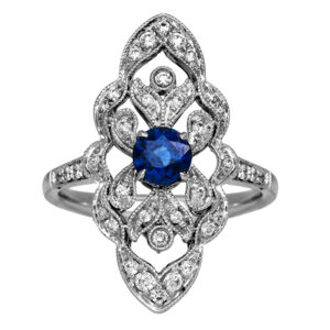New 14k white gold ring set with a 0.59 carat round brilliant blue sapphire plus 0.32 carats of round brilliant earth-mined diamonds.