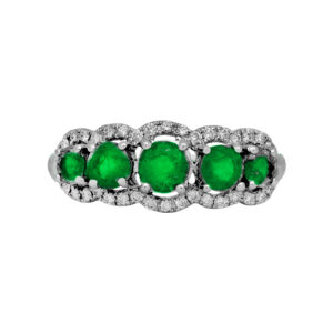 New 14k white gold halo ring set with 1.38 carats of round brilliant emeralds plus 0.20 carats of round brilliant earth-mined diamonds.